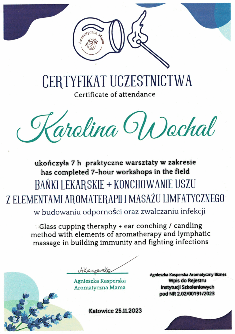 Certyfikat "Bańki lekarskie+konchowanie uszu z elementami aromaterapii i masażu limfatycznego"
