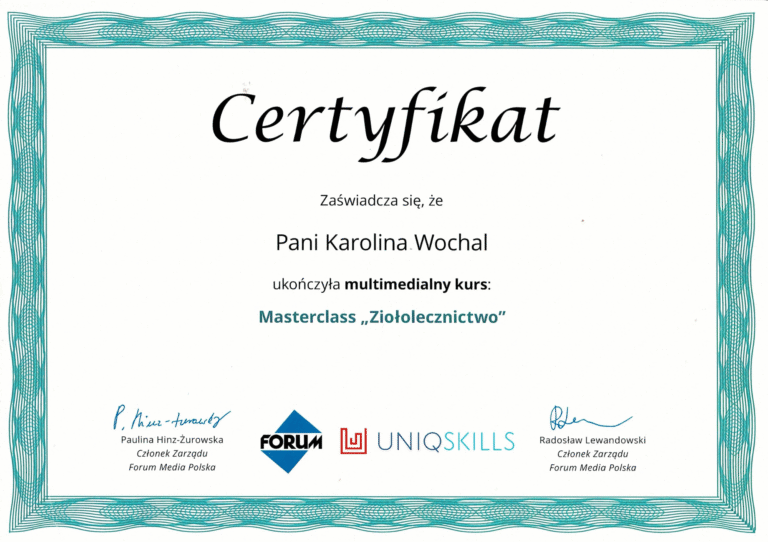 Certyfikat multimedialnego kursu Masterclass "Ziołolecznictwo"
