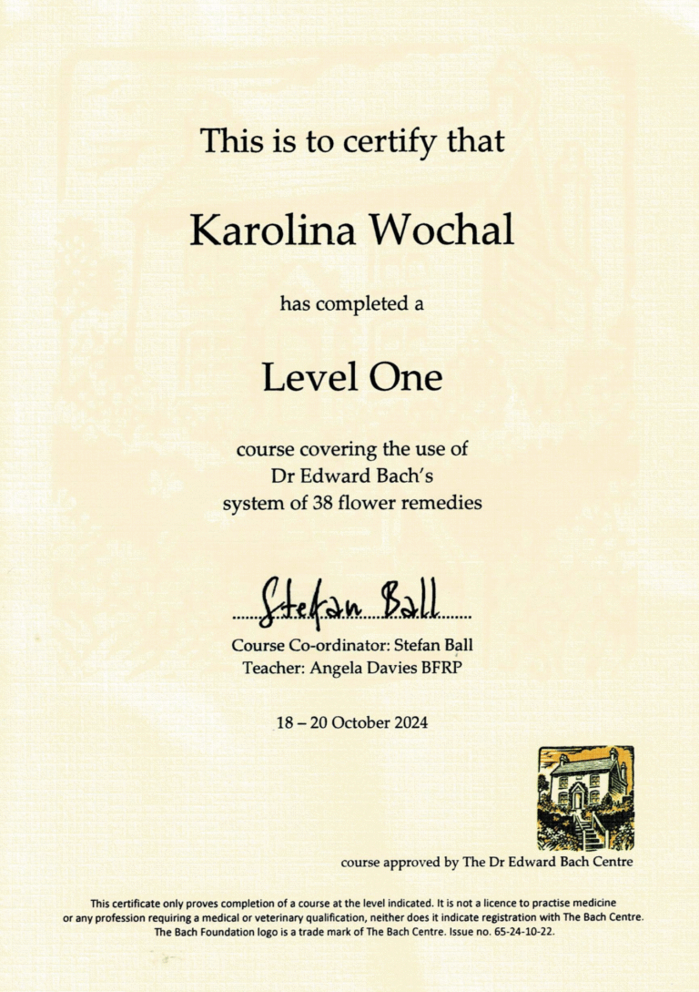 Certyfikat Level One Dr Edward Bach's system of 38 flower remedies