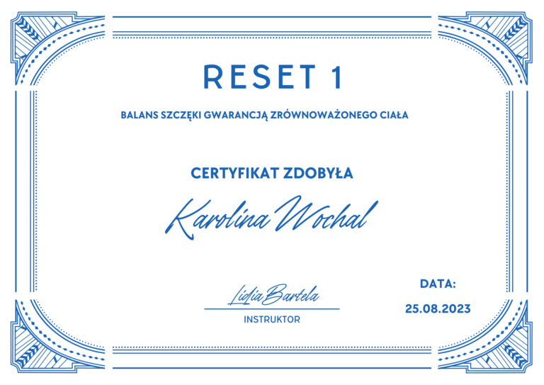 Certyfikat Reset 1 Balans szczęki gwarancją zrównoważonego ciała