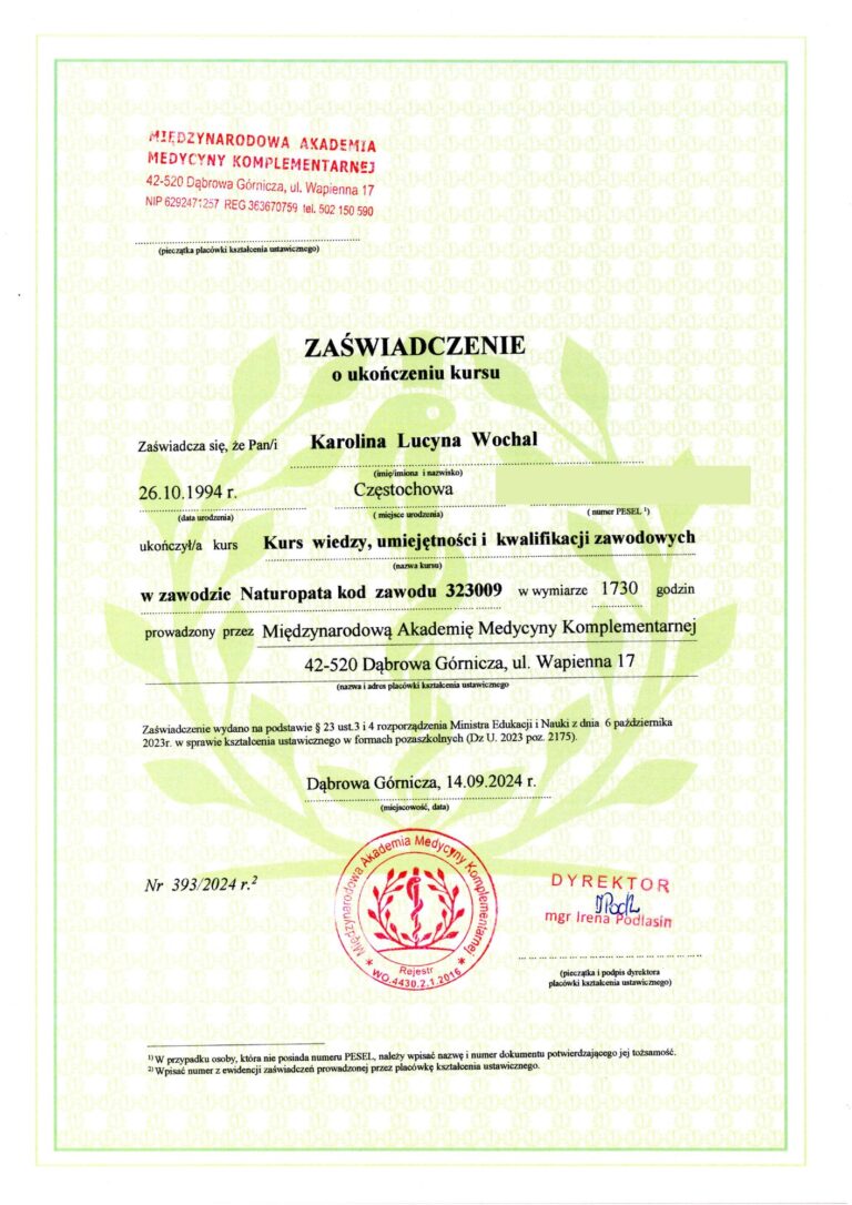 Zaświadczenie o ukończeniu kursu w zawodzie Naturopata kod zawodu 323009